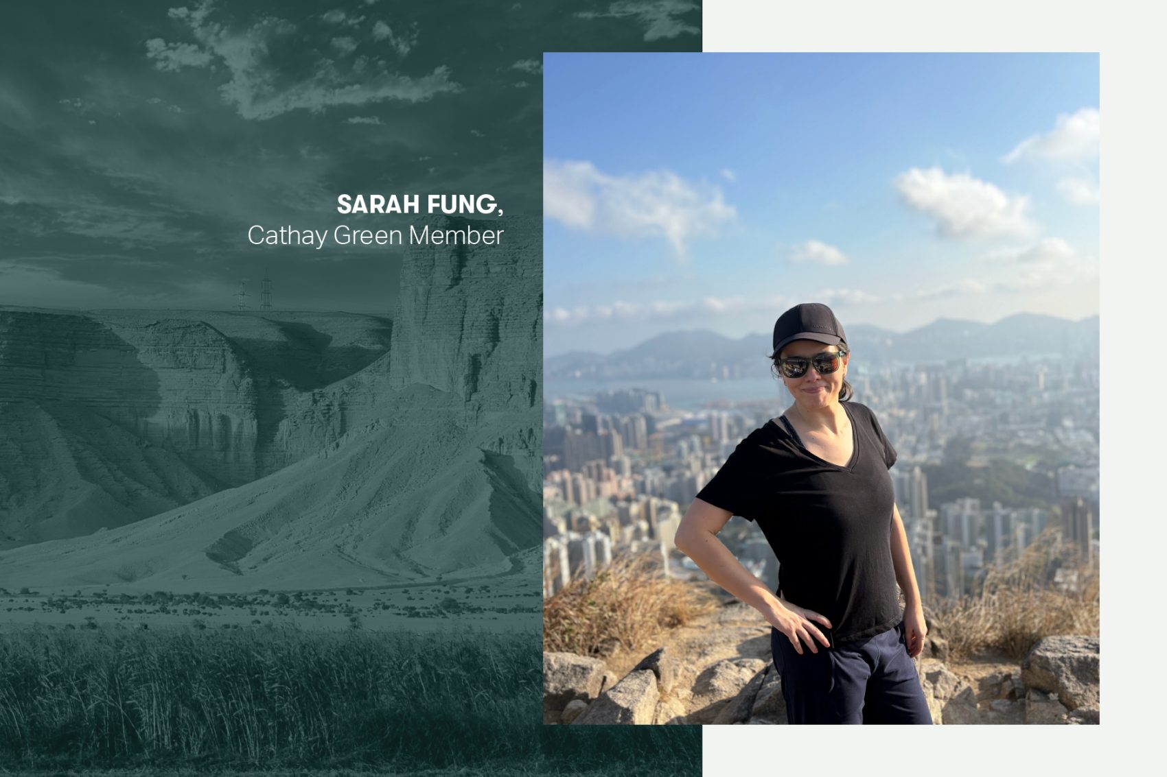 Sarah Fung smiling on a hiking trail in the daytime with a view of buildings in the background.